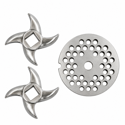 3-Pack #12 Meat Grinder Curved Blade & Plate Set, Stainless Steel Replacement Parts