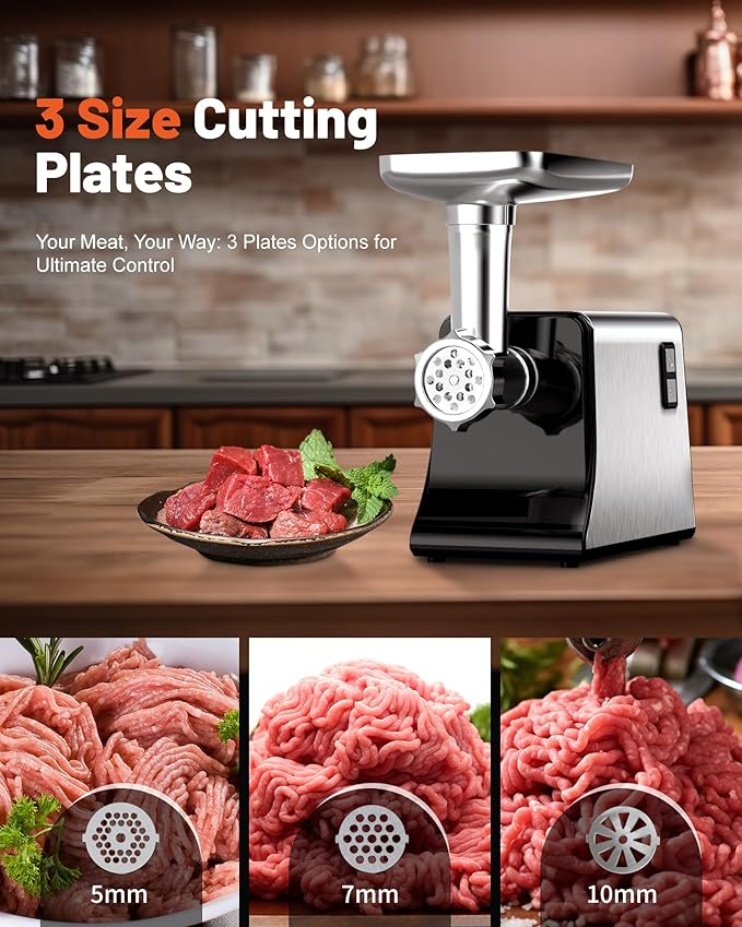 Electric Meat Grinder, Sausage Stuffer Maker, Heavy Duty Meat Mincer with Stainless Steel Cutting Blade, 3 Grinding Plates, 1 Sausage Maker & Kubbe Kit for Home Kitchen Use