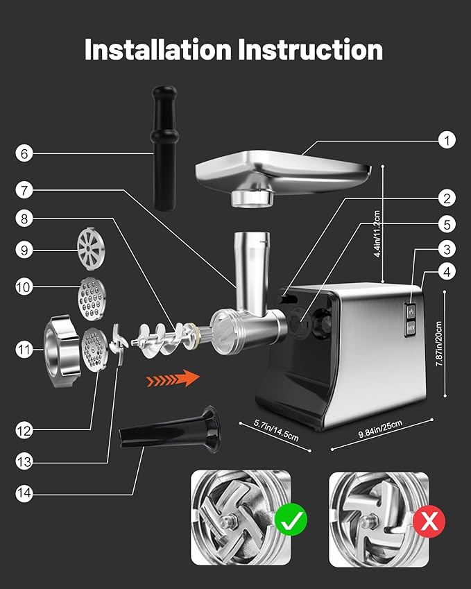 Electric Meat Grinder, Sausage Stuffer Maker, Heavy Duty Meat Mincer with Stainless Steel Cutting Blade, 3 Grinding Plates, 1 Sausage Maker & Kubbe Kit for Home Kitchen Use