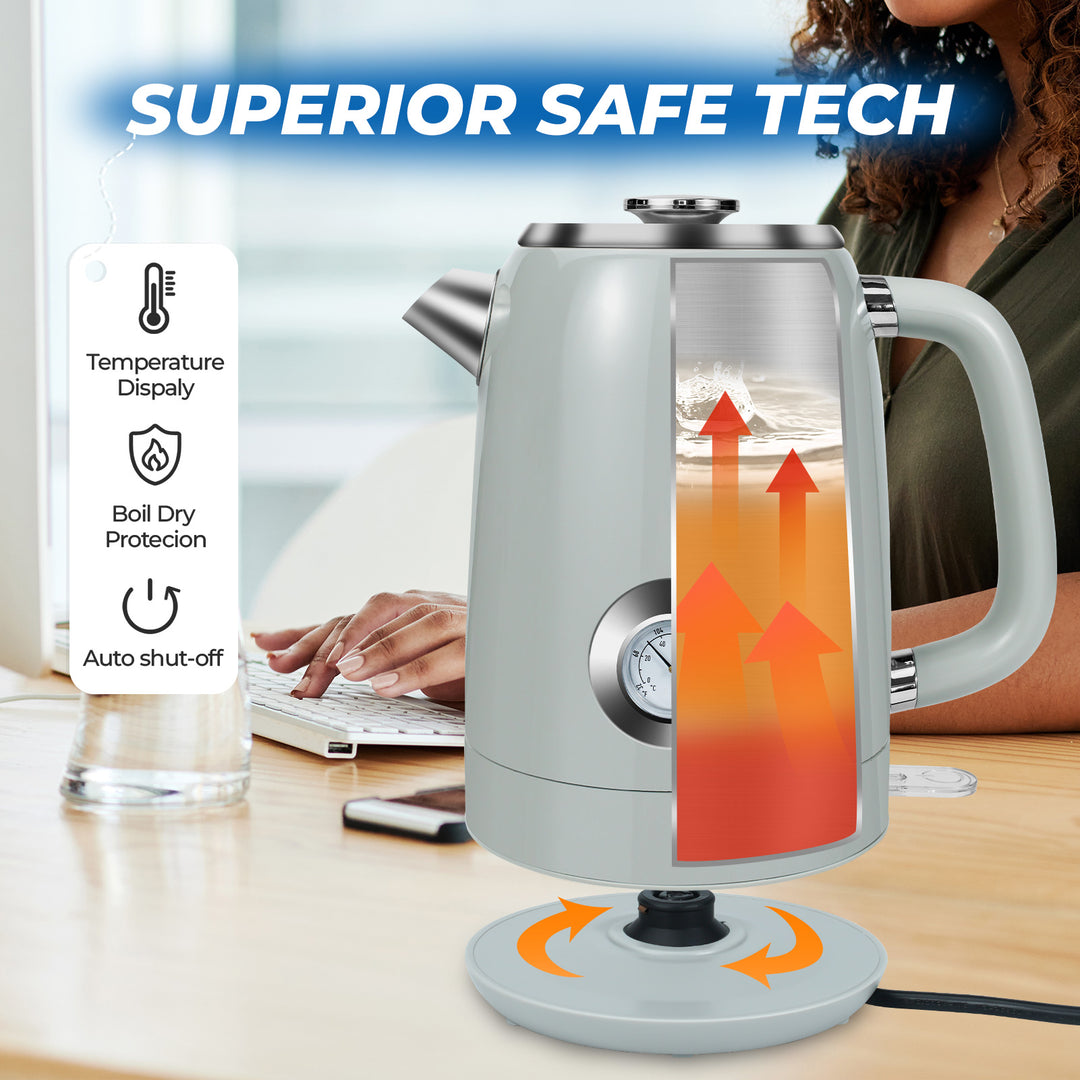 1.7L Space Gray Electric Kettle, Fast Boiling,  Food-Grade 304 Stainless Steel, Retro Style